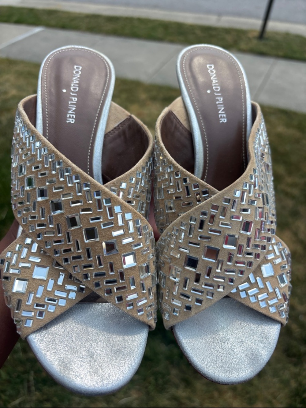 Donald J. Pliner Beige Embellished Cross-Band Mules